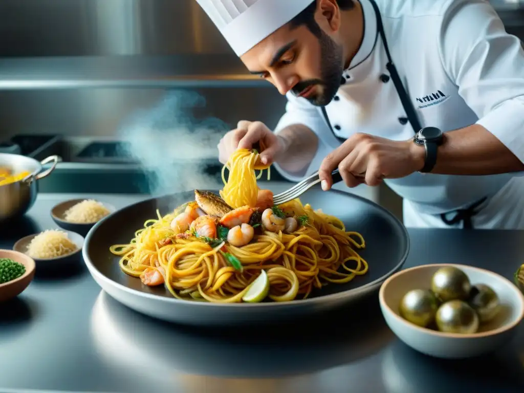 Un chef catalán preparando una Fideuà alternativa catalana paella con precisión en cocina moderna