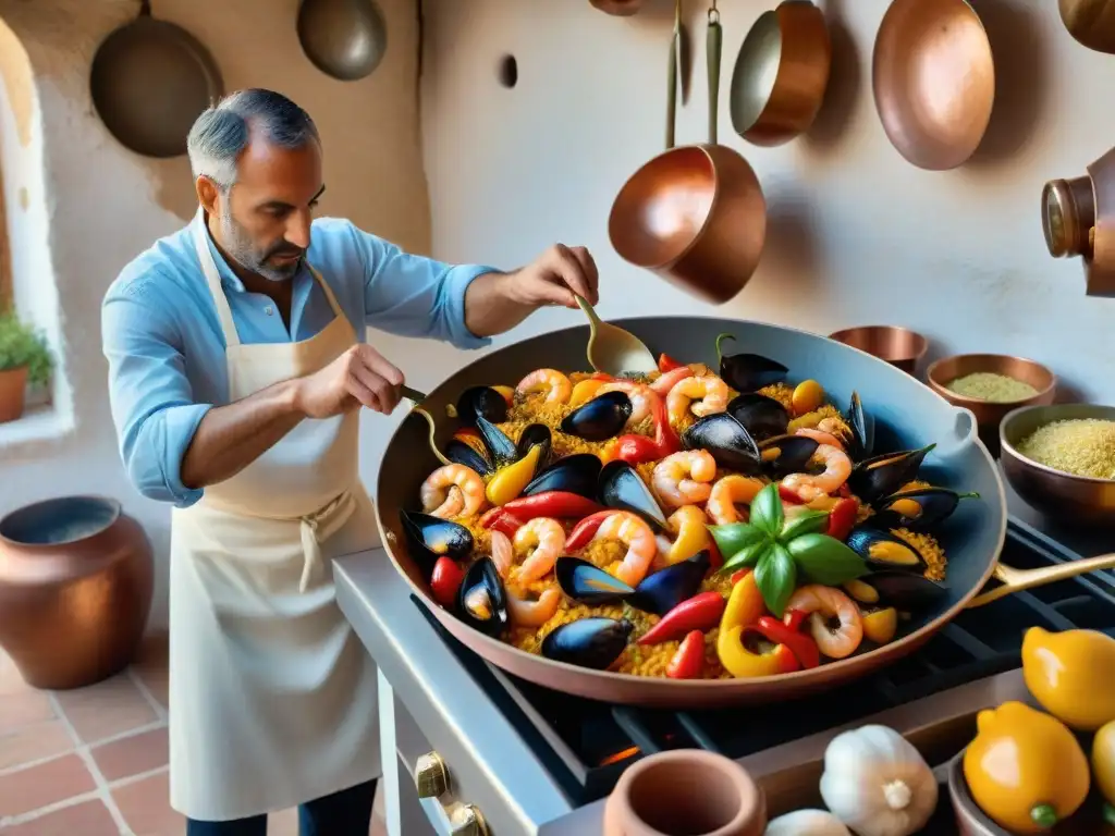 Un chef prepara fideuà alternativa catalana paella en una cocina tradicional española durante un vibrante atardecer mediterráneo