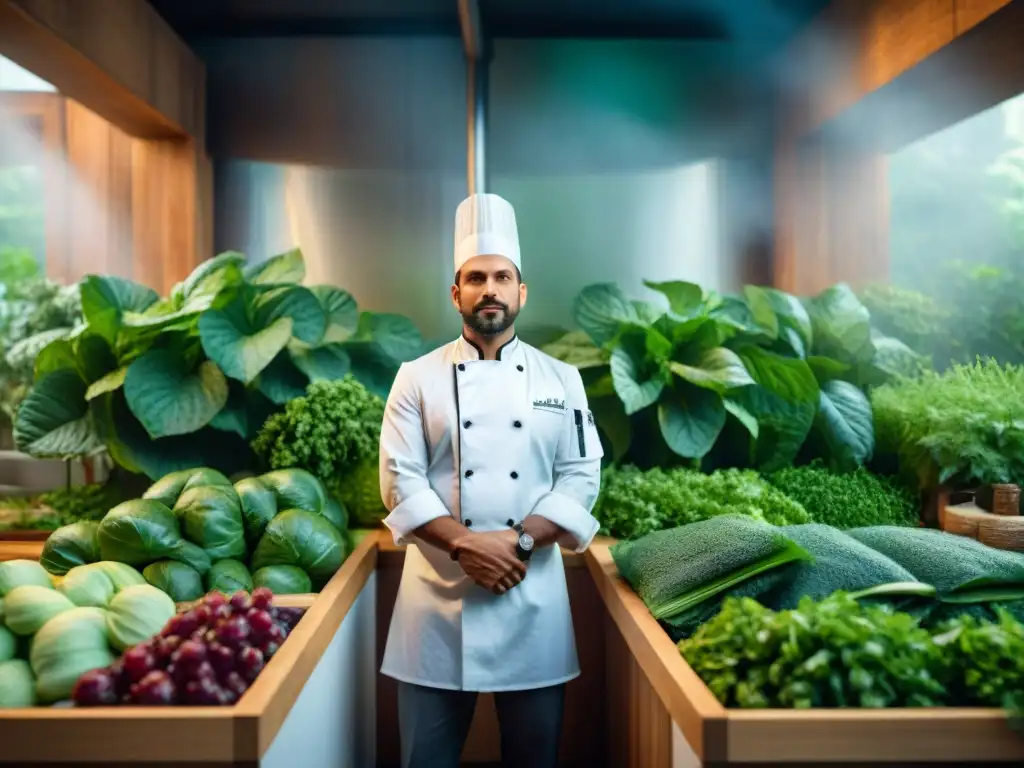 Un chef apasionado en una cocina ecológica rodeado de plantas verdes y productos orgánicos, preparando platos gourmet con ingredientes locales