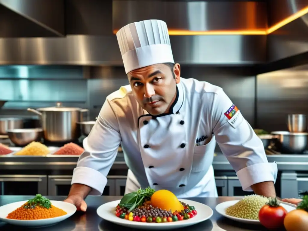 Un chef apasionado en una cocina de alta gastronomía, rodeado de ingredientes frescos y coloridos, creando platos exquisitos