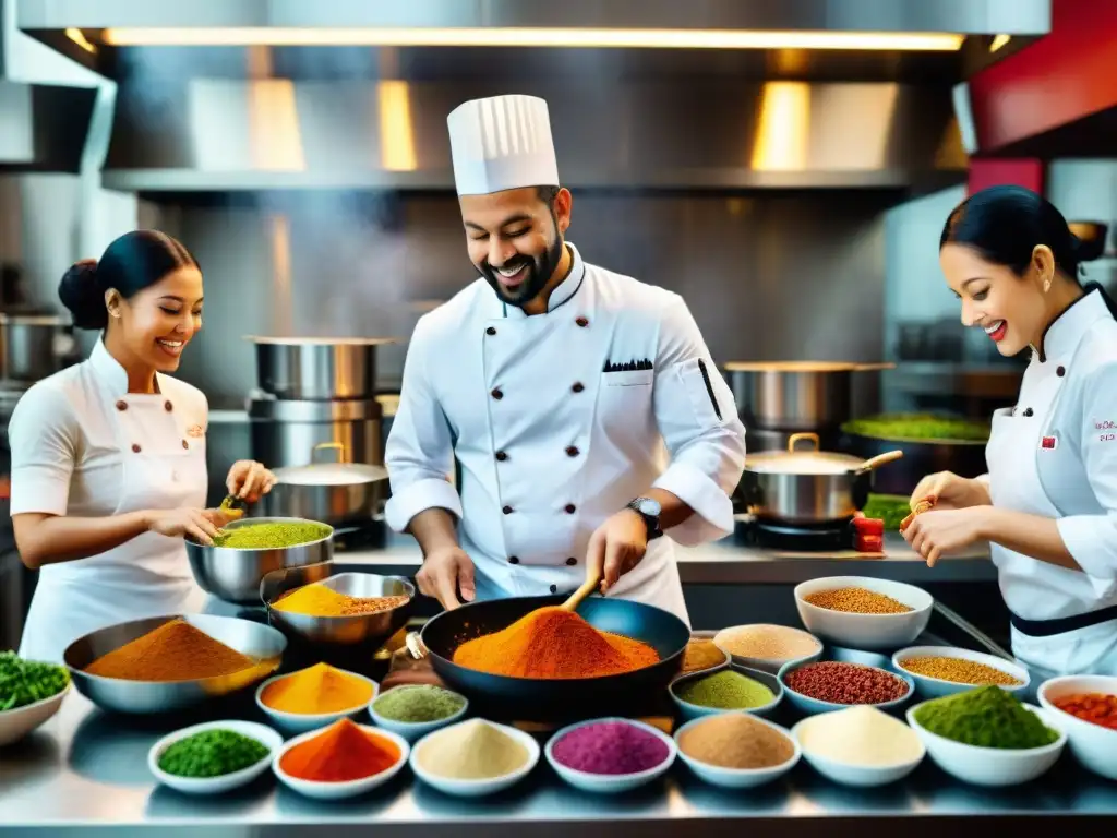 Escena culinaria internacional: chefs crean fusiones globales con asafétida Un chef añade asafétida en cocinas internacionales, escena vibrante de colaboración culinaria multicultural