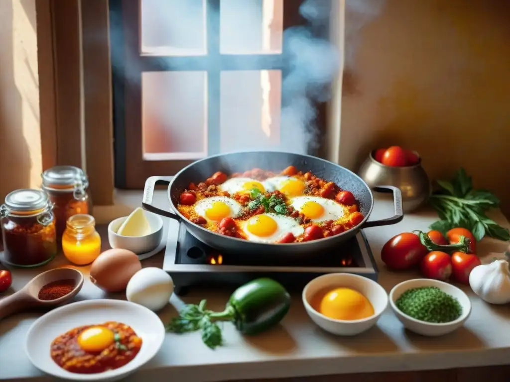 Un chef preparando una auténtica receta casera de Shakshuka en una cocina norteafricana tradicional, rodeado de especias y ingredientes frescos