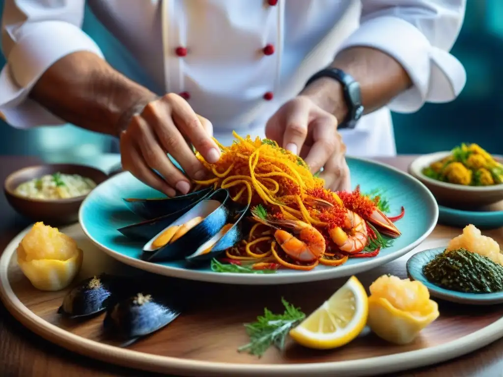 Un chef esparciendo azafrán sobre mariscos frescos con 'Trucos para realzar sabor mariscos'