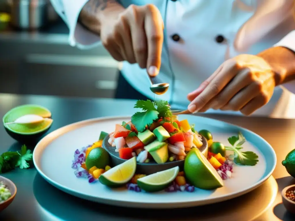 Un chef prepara con maestría un ceviche de fusión mexicana gourmet con ingredientes frescos y coloridos