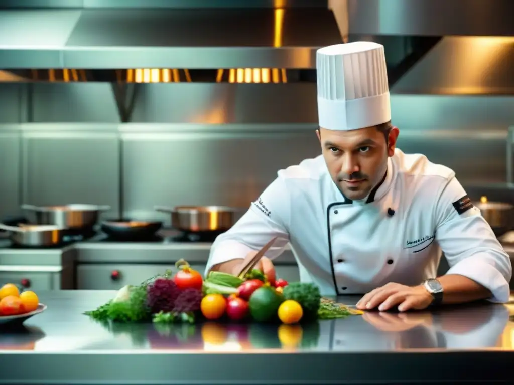 Un chef en una cocina de alta gama preparando un plato gourmet con alimentos kilómetro cero