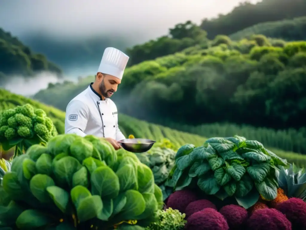 Chef en cocina ecológica, preparando plato gourmet con ingredientes sostenibles