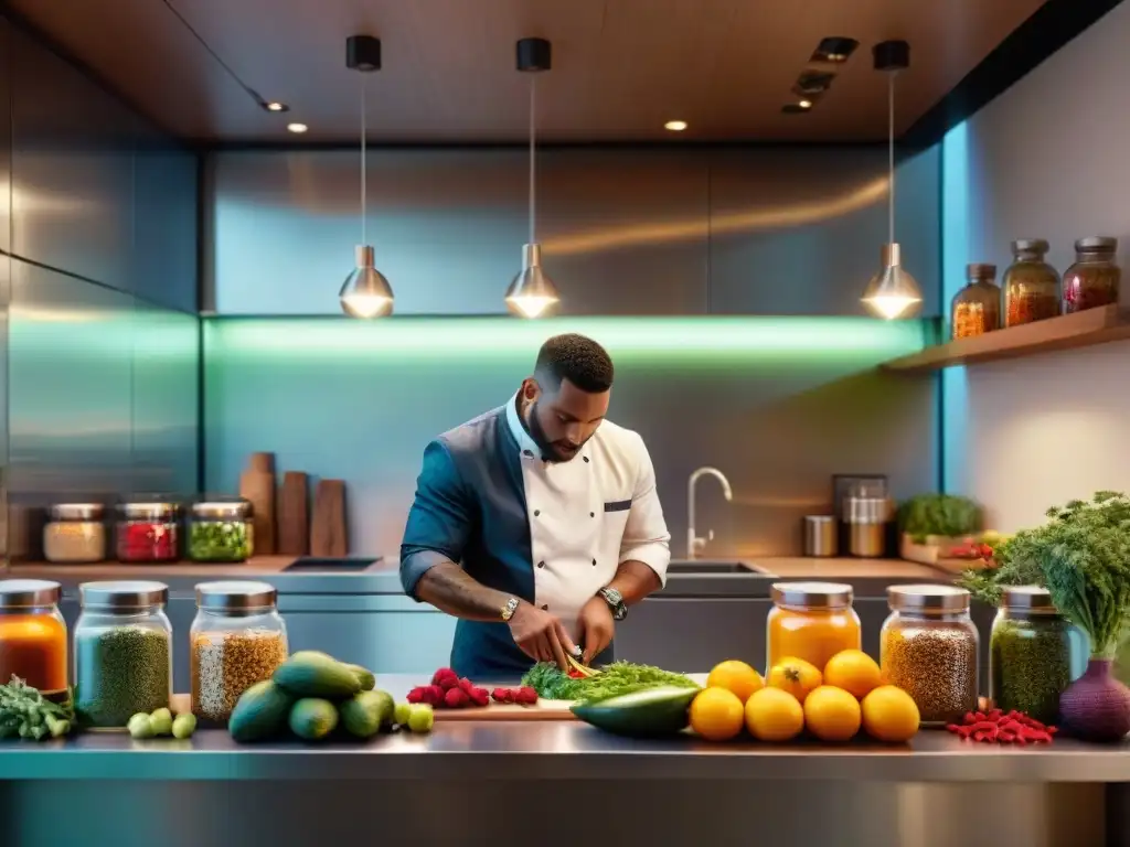 Moderna cocina étnica: fusión de sabores vibrantes Un chef fusiona la cocina étnica tradicional con sabores renovados en una cocina moderna y vibrante, con especias y frutas coloridas