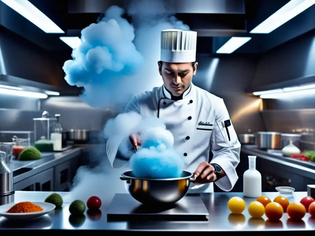 Un chef en cocina futurista de gastronomía molecular, pesando ingredientes con precisión mientras sale vapor de nitrógeno líquido