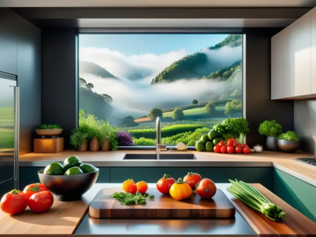 Chef experto en cocina gourmet con ingredientes orgánicos vibrantes Un chef en una cocina gourmet, cortando ingredientes orgánicos con luz natural