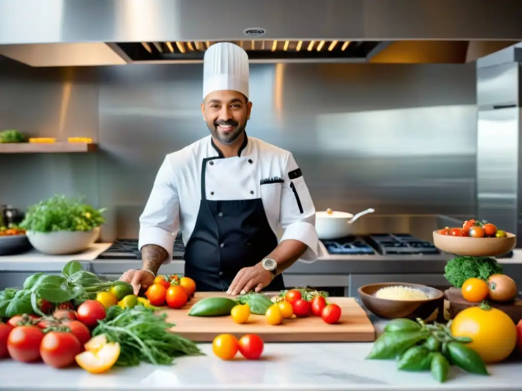 Un chef en una cocina gourmet fusionando ingredientes locales con técnica moderna