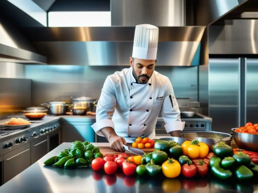 Un chef en una cocina fusión, combinando ingredientes locales gourmet con maestría y creatividad