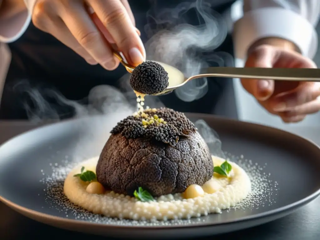 Chef experto en cocina de lujo espolvoreando trufas negras sobre risotto Chef en cocina de lujo espolvoreando trufas negras sobre risotto, con vapor y destellos, destacando Olores en experiencia gourmet