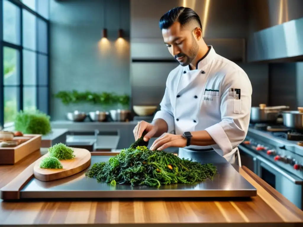 Chef en cocina moderna incorporando algas en platos gourmet