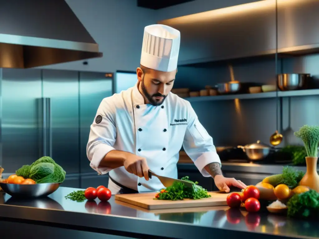 Un chef en una cocina moderna fusiona ingredientes locales con técnicas gourmet, creando una presentación impresionante