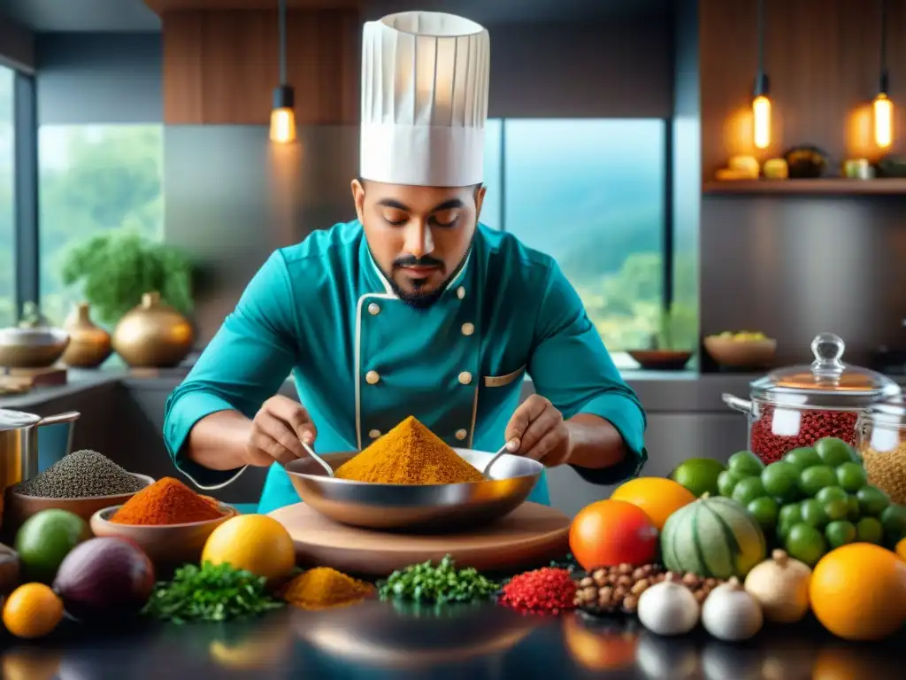 Un chef en cocina moderna creando platos tradicionales innovadores gourmet con ingredientes étnicos y técnicas vanguardistas