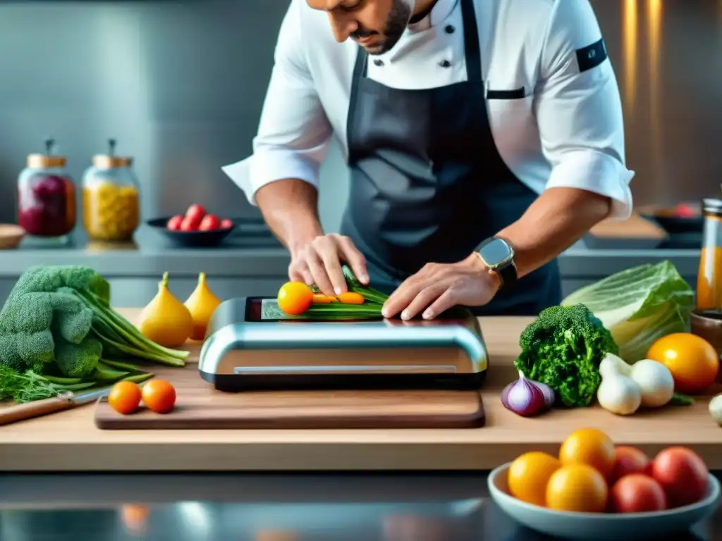 Chef en cocina moderna sellando al vacío ingredientes frescos para conservar su frescura