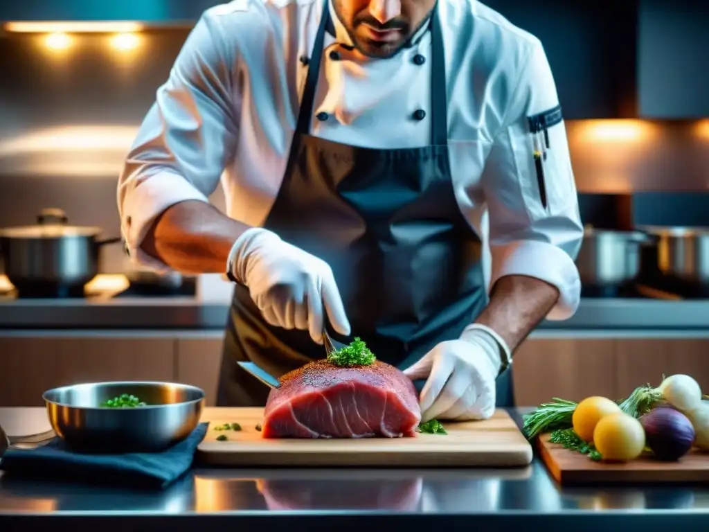 Un chef en una cocina profesional, preparando un plato gourmet con la técnica revolucionaria de cocina al vacío