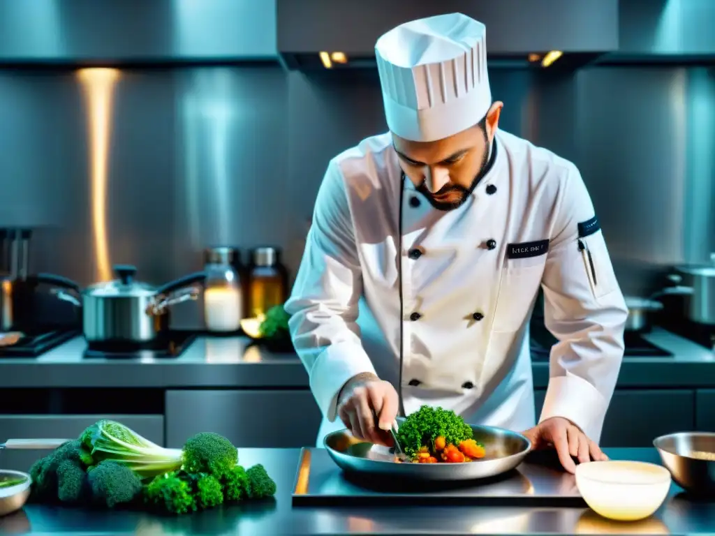 Un chef innovando la cocina al vacío con precisión y arte en una cocina moderna y brillante