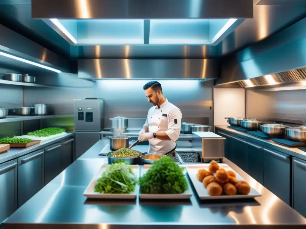 Chef innovando cocina al vacío en cocina moderna y sofisticada, con equipo de alta tecnología y precisión culinaria