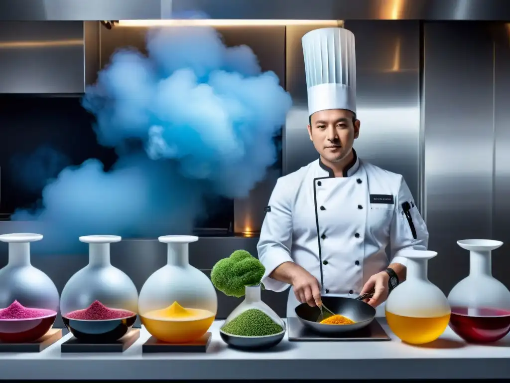 Cocina de Alta Tecnología: Chef en Acción Un chef en cocina de vanguardia, utilizando técnicas de gastronomía molecular