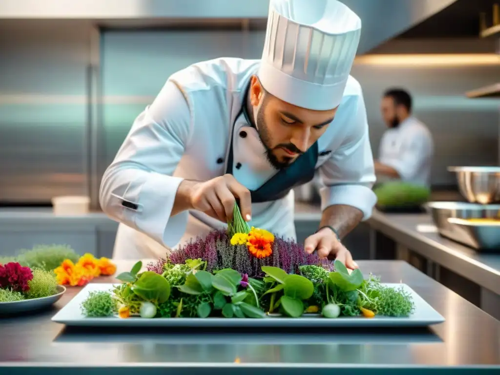 Un chef concentradísimo creando un plato elaborado en una cocina moderna y elegante