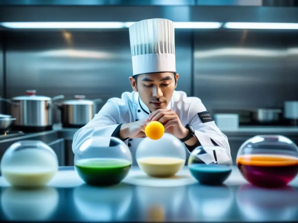 Un chef concentrado en su laboratorio de cocina, creando platos de gastronomía molecular con precisión y arte