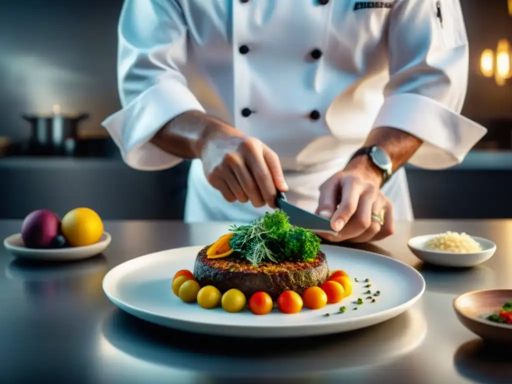 Un chef muestra creatividad en la presentación de platos, colocando ingredientes coloridos con precisión en un plato blanco