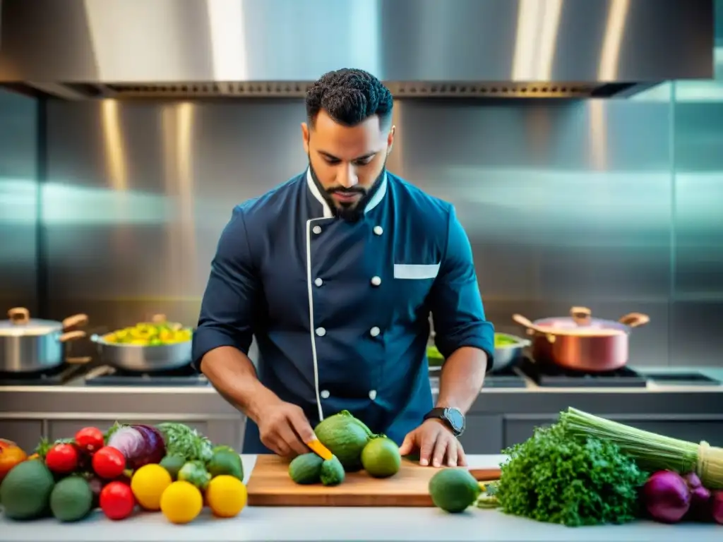 Un chef creativo en TikTok gastronomía, cocinando con pasión en una cocina moderna llena de ingredientes coloridos