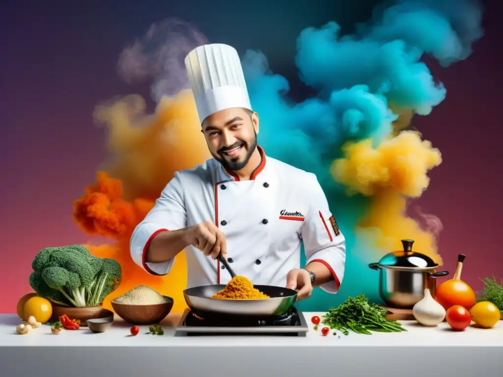 Un chef creativo en TikTok gastronomía, preparando un platillo en una cocina moderna y colorida