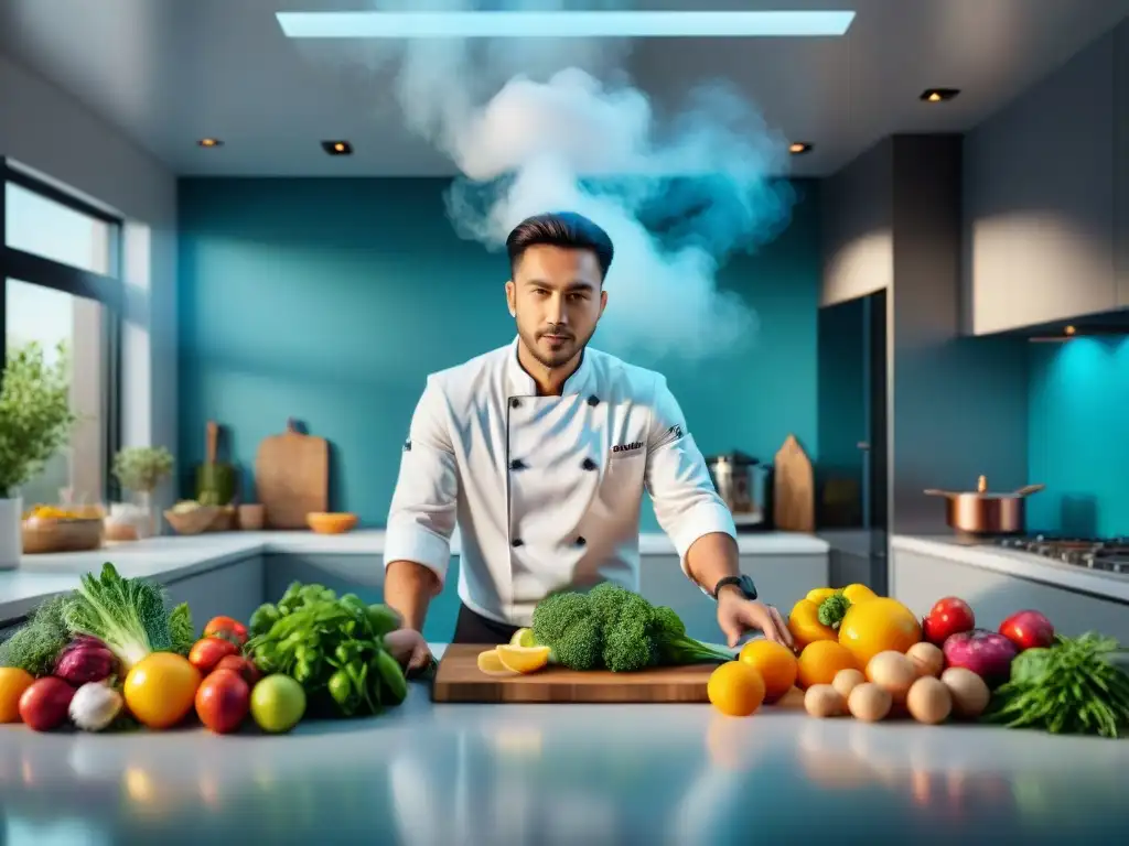 Un chef creativo en TikTok gastronomía, preparando plato innovador rodeado de ingredientes coloridos en cocina moderna