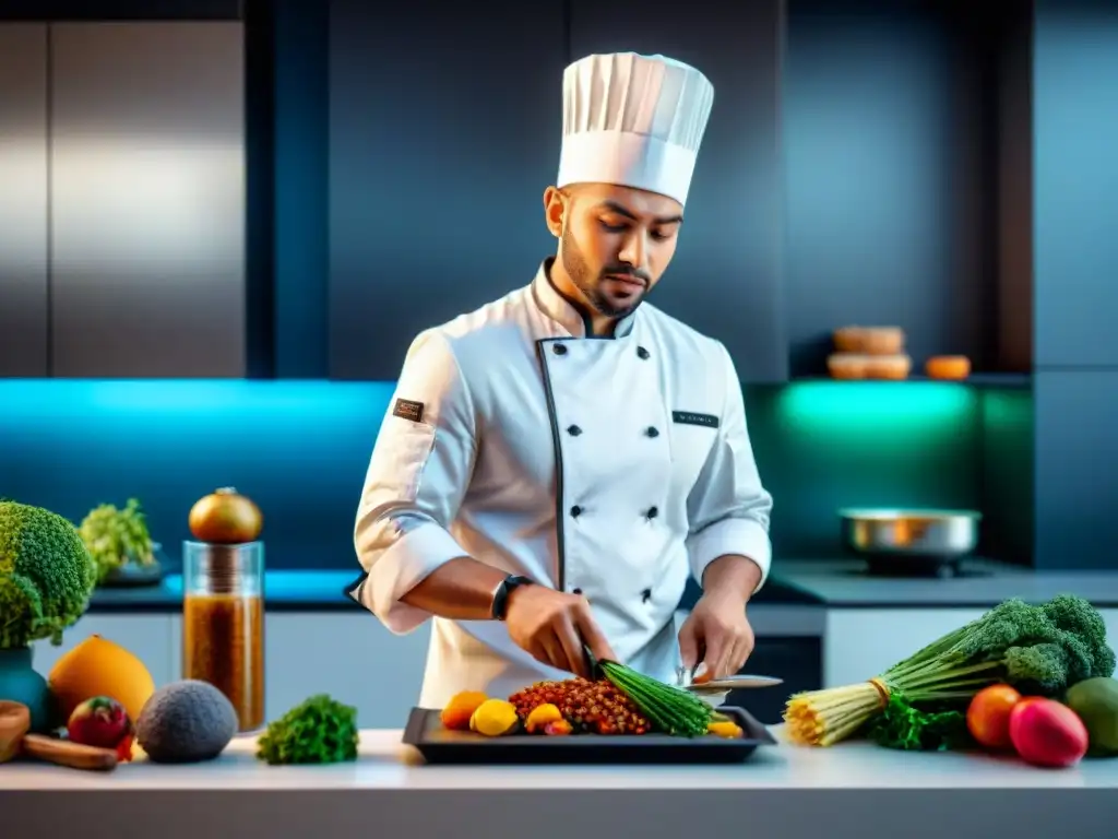 Un chef creativo en TikTok, preparando plato viral en cocina moderna con ingredientes coloridos