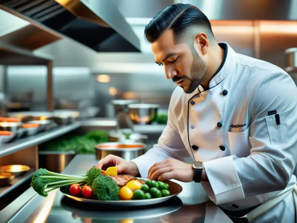 Un chef creativo presenta platos con precisión en cocina de alta gama