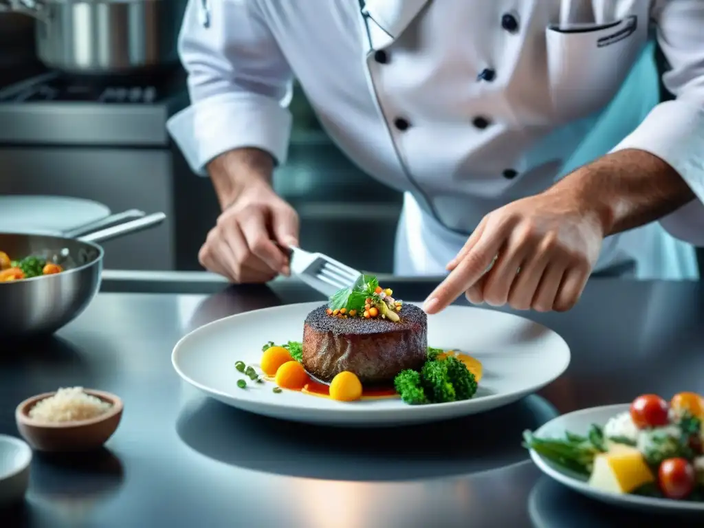 Un chef creativo presenta platos con precisión en una cocina profesional