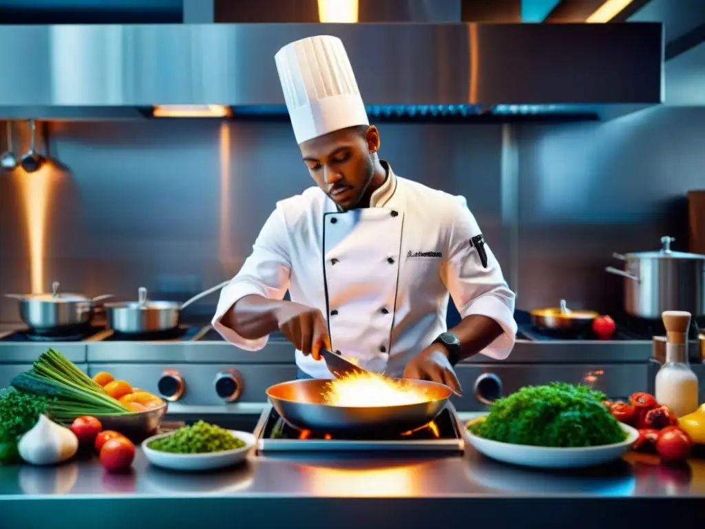 Un chef creativo en TikTok gastronomía, rodeado de ingredientes coloridos y utensilios modernos en una cocina vibrante