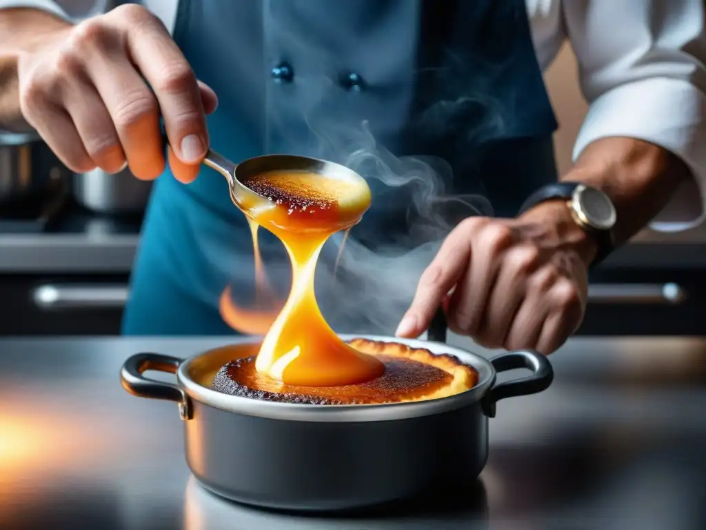 Chef dorando crème brûlée con soplete, crea contraste dorado y cremoso