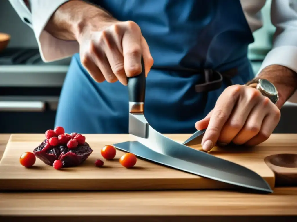 Chef afilando cuchillo gourmet con destreza en afilador profesional, destacando arte y precisión