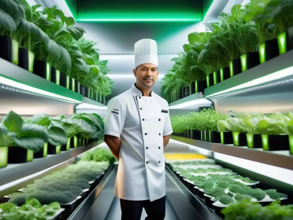 Un chef en un cultivo vertical en gastronomía gourmet, integrando naturaleza e innovación