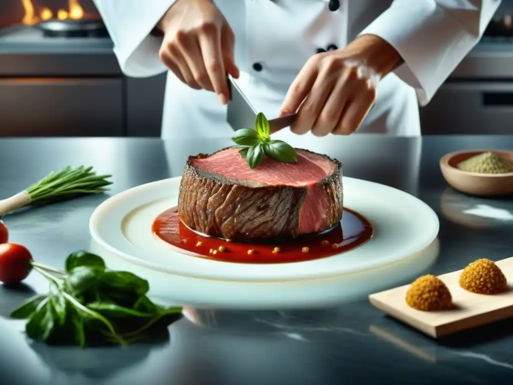 Un chef preparando una delicia gourmet con carne cultivada, resaltando sabor y textura