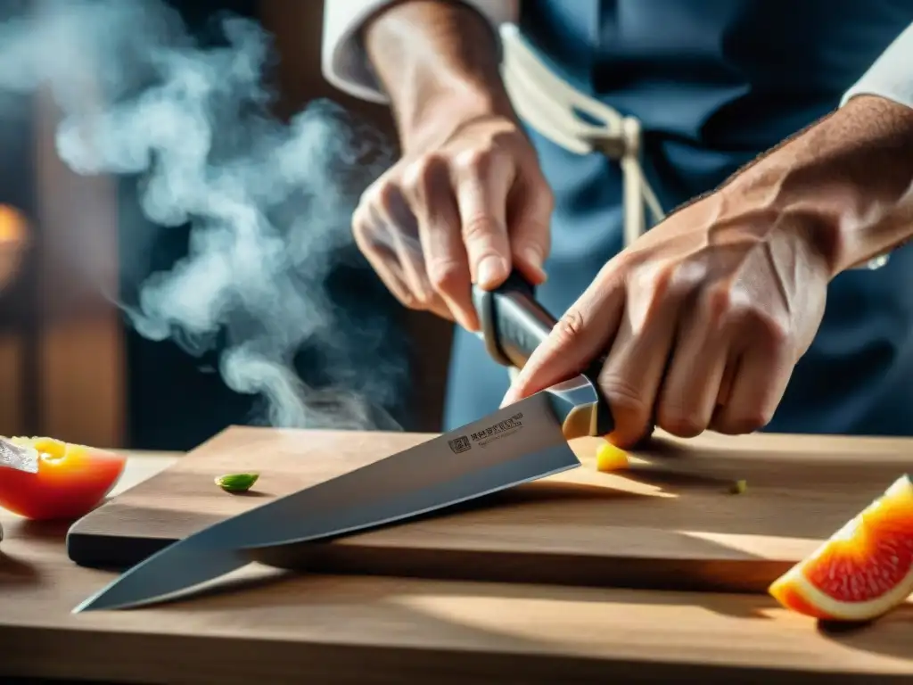 Un chef afilando con destreza un cuchillo gourmet de alta calidad