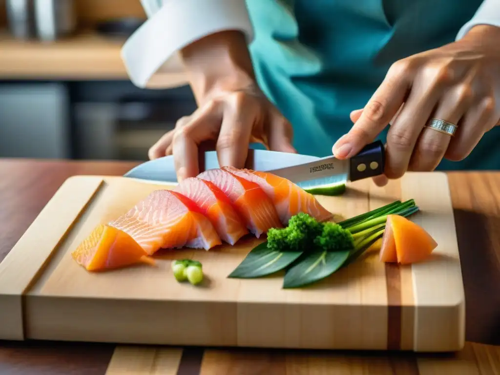 Un chef japonés hábil y detallista cortando con precisión un fresco sashimi, mostrando el arte y la maestría en la preparación de este delicado plato