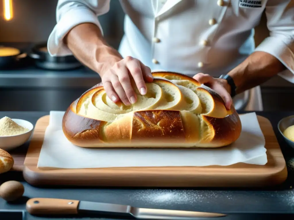 Un chef hábil moldea un diseño intrincado en un pan relleno gourmet, mostrando las técnicas panes rellenos gourmet con precisión y arte