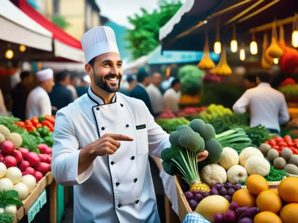 Un chef guía entusiastas en un mercado, rodeados de colores y sabores vibrantes