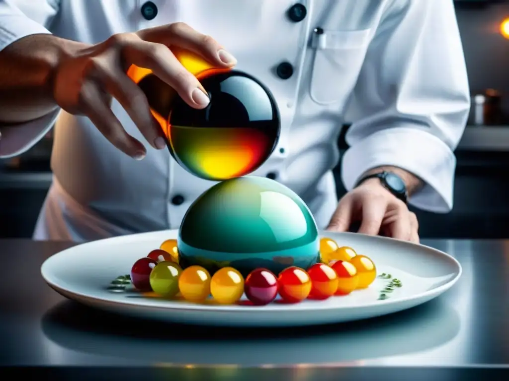 Un chef de gastronomía molecular crea esferas de colores en un ambiente científico