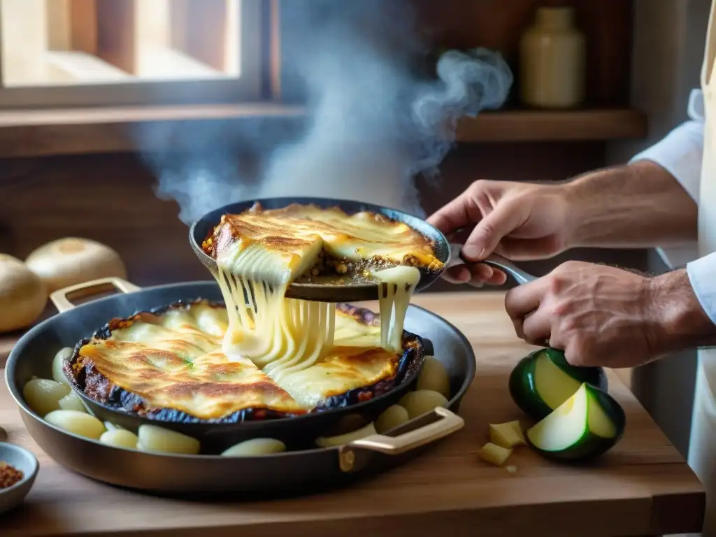 Un chef preparando con esmero moussaka en una cocina griega tradicional, bajo la cálida luz del sol