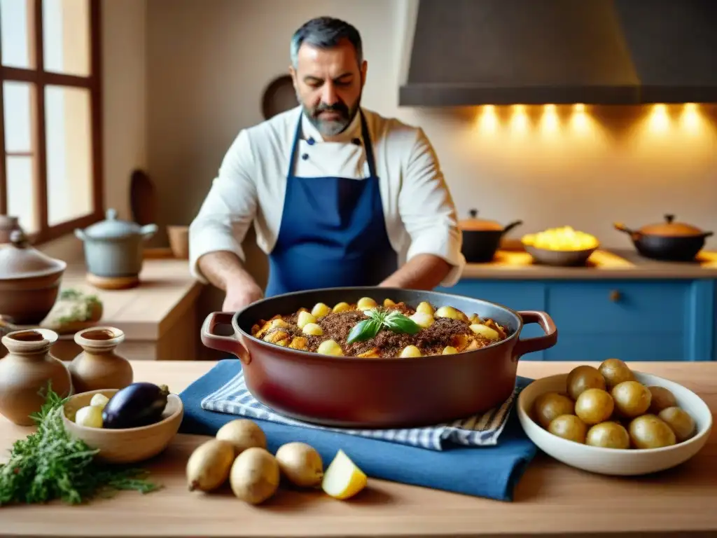 Un chef prepara con esmero una moussaka en una cocina griega tradicional