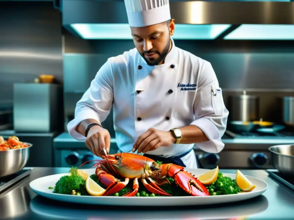 Un chef especializado en mariscos exóticos preparando un exquisito plato colorido con langosta, vieiras y pulpo en una cocina profesional