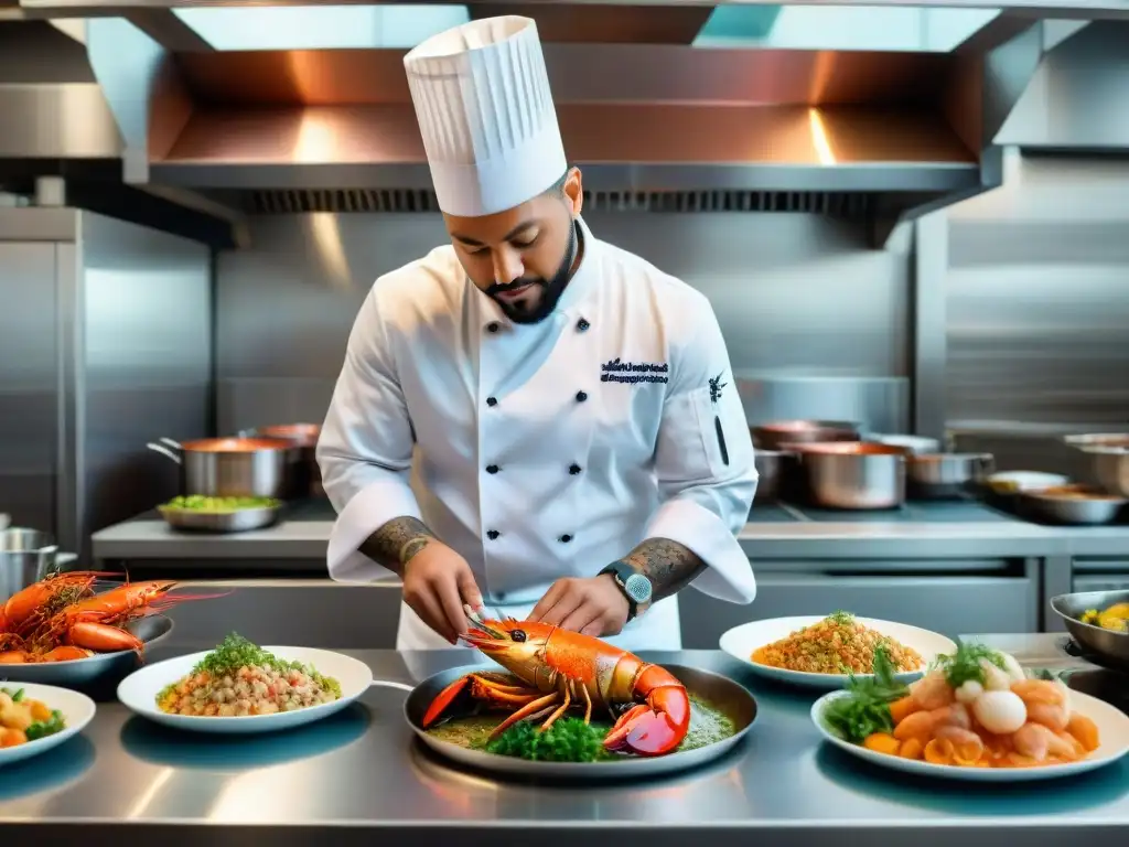 Un chef especializado en mariscos exóticos prepara con pasión un plato vibrante en una cocina profesional