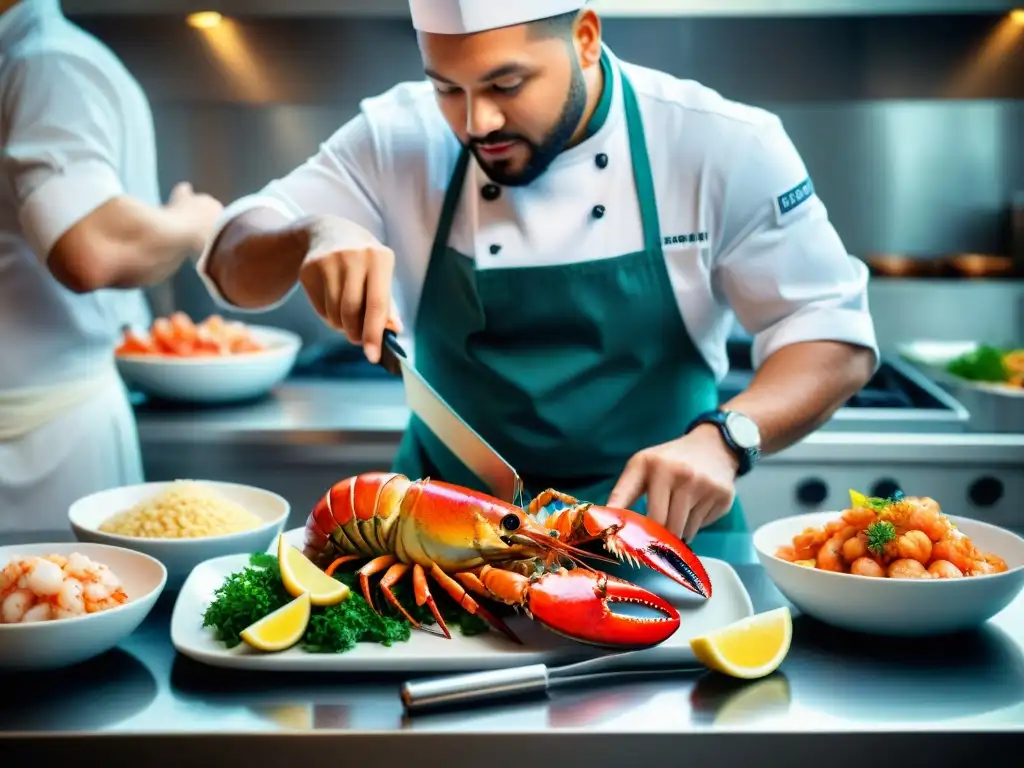 Un chef especializado en mariscos exóticos prepara con destreza una variedad vibrante de platillos, destacando langostas, cangrejos y vieiras