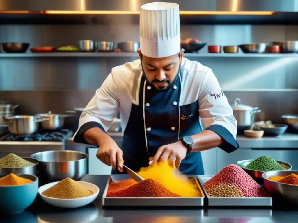 Un chef fusiona especias del mundo en una cocina moderna, reflejando creatividad y diversidad culinaria