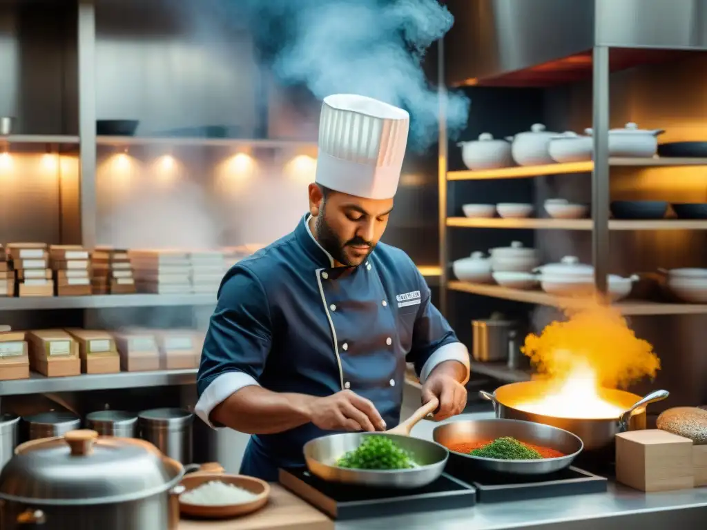 Chef estelar concentrado en cocina profesional rodeado de libros de chefs famosos